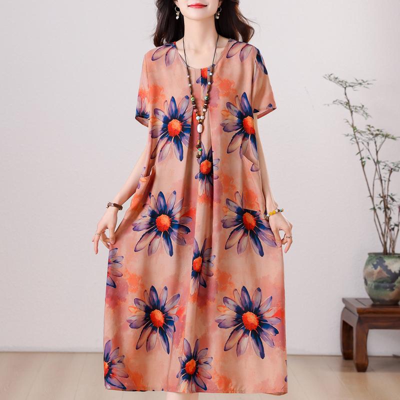 Übergröße, langes Sommerkleid mit Vintage-Druck für Damen, elegantes, kurzärmeliges, lockeres Sommerkleid in Übergröße