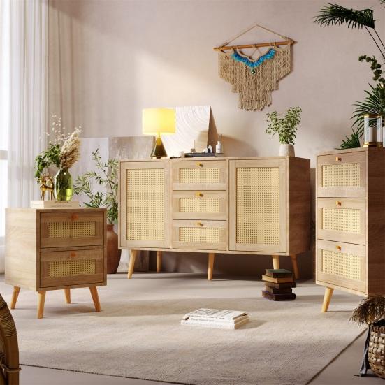 Modern Nightstand Side Table with 2 Drawers Rattan Front Oak Grain Solid Wood Legs Bedroom Small Spaces Bedside Table Natural Square Accent Table