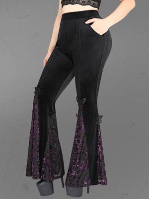 Rosegal Gothic Butterfly aplikācijas, šķelti ziedi, flokējoši samta raibveida kabatas, uzvelkamās bikses