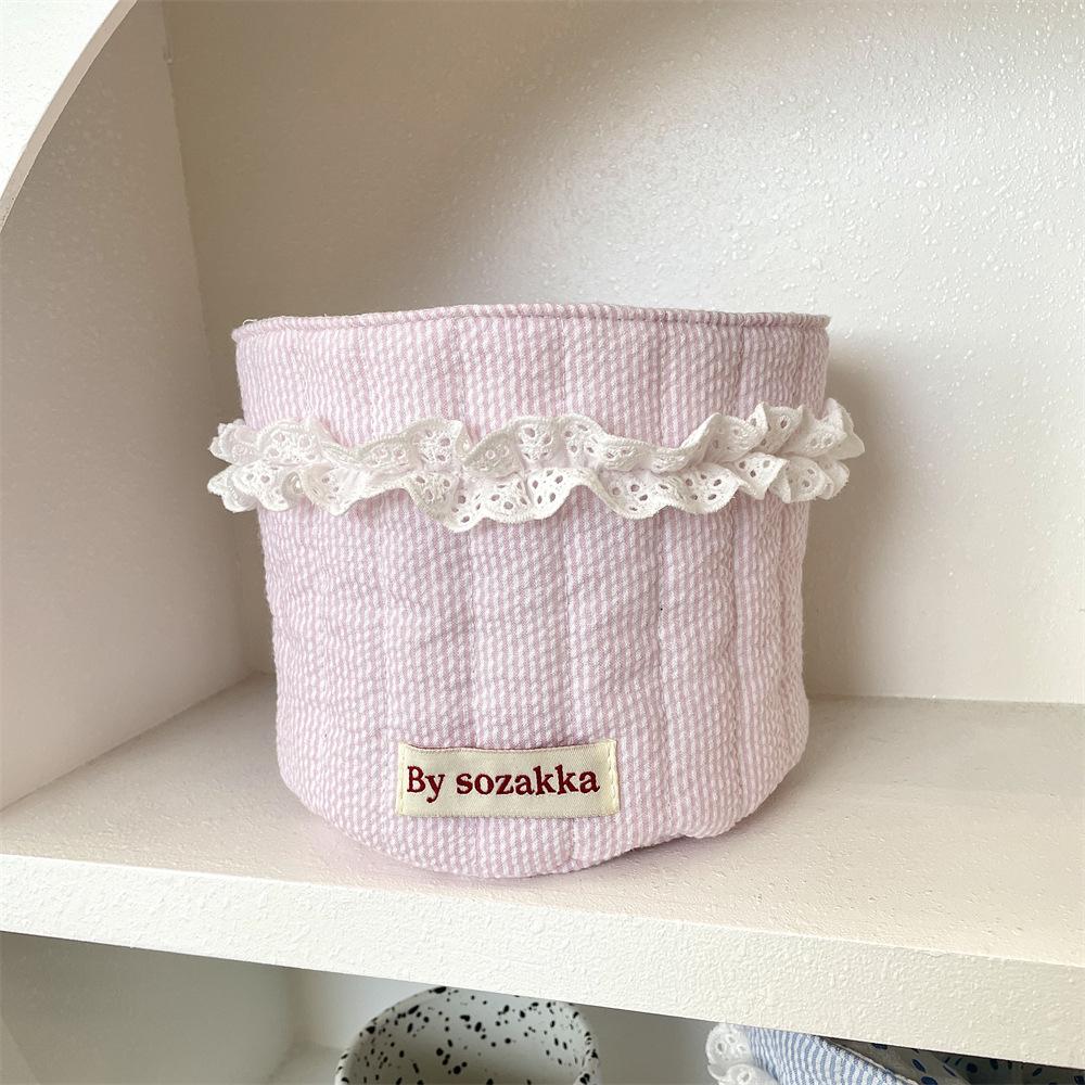Korean Quilted Fabric Basket for Girls - Round Storage Organizer for Toys and Snacks.