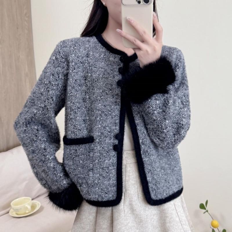 Autumn and winter new small temperament short crew neck top single-breasted imitation mink cardigan small fragrant short coat women
