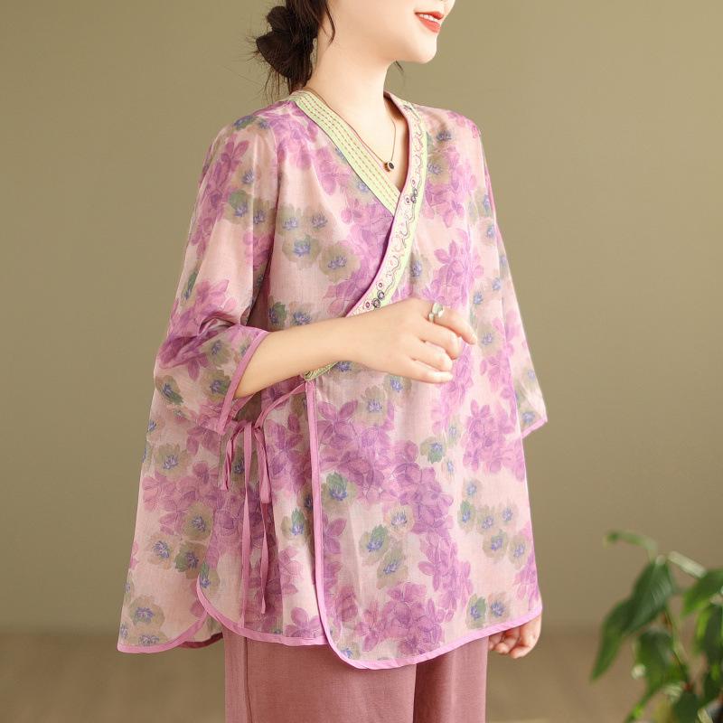 2026 Summer Floral Embroidered V-neck Top & Cotton Linen Harem Pants Set 3XL