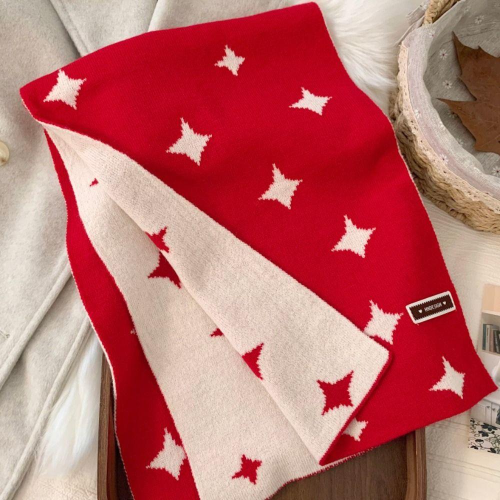 Korean Style Women Winter Scarf Double Side Cashmere Knitted Shawl Star Pattern Neckerchief  Daily