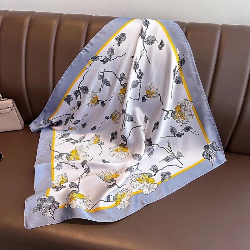 New Purple Luxury Floral Print Silk Square Scarf Women Soft Satin Hairband Hands Bag Ribbons Foulard Neckerchief Headband Hijab