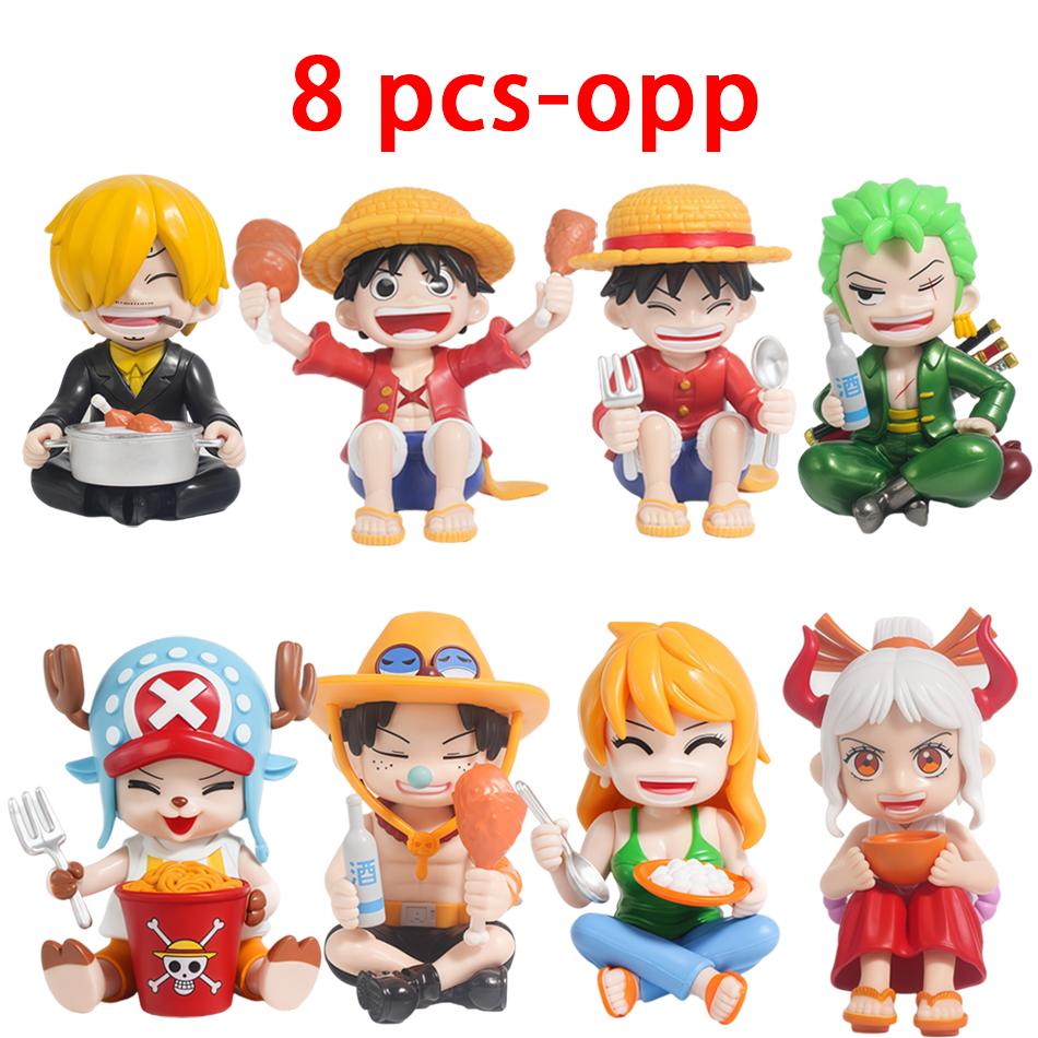 1-8Pcs One Piece Q Edition Doll Food Series Cute Luffy Zoro Ace Sanji Yamato Model Cartoon Collect Car Desk Decoration Toy Gift
