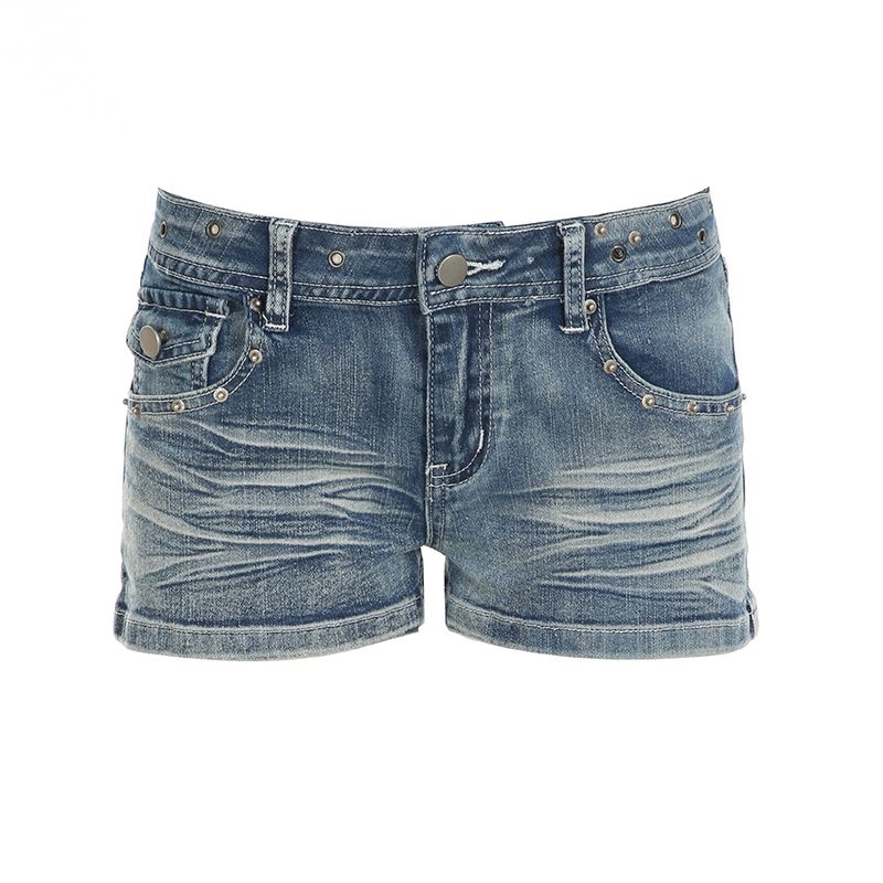 

H Home European and American Women s Clothing Guzao Light Oxygen Feeling Washed Wear-White Eyelet Button Denim Shorts Retro Sexy Low Waist Hot Pants Blue S