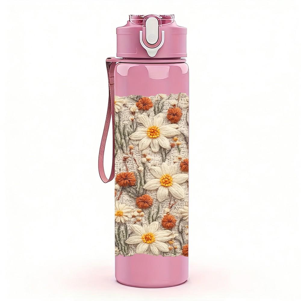 1PC Dried Daisy Beige Neutral Bouquet Print 750ml Color Plastic Sports Water Bottle Leakproof Flip Straw Lid Suitable for Sports Office Home Use