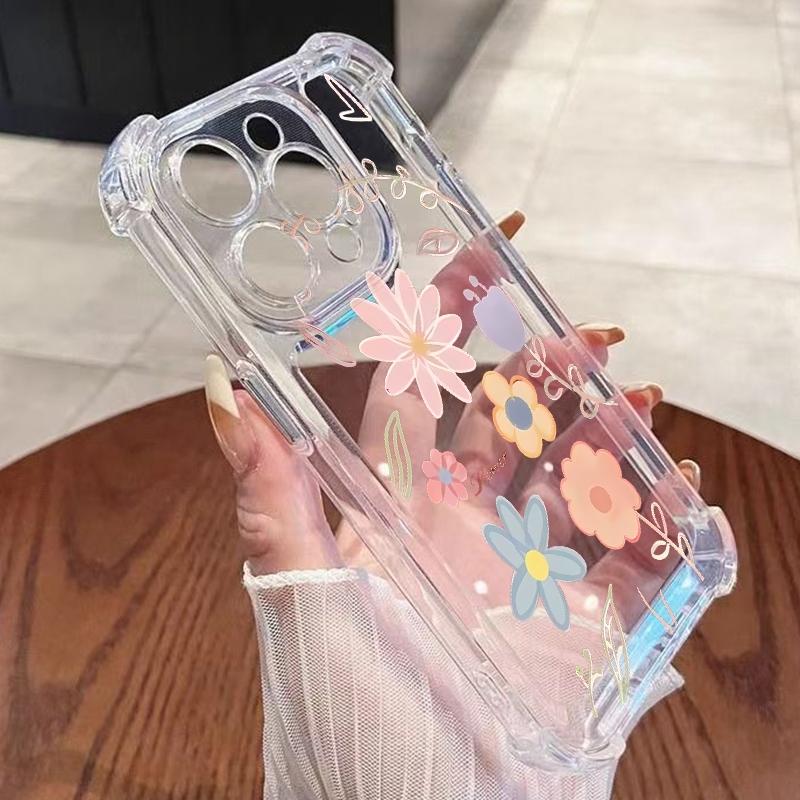For iPhone 17 Air 11 13 15 12 14 16 Pro Max XS XR X 8 7 Plus 17E Floral And Leaf Graphics Transparent Soft TPU Phone Case Cover