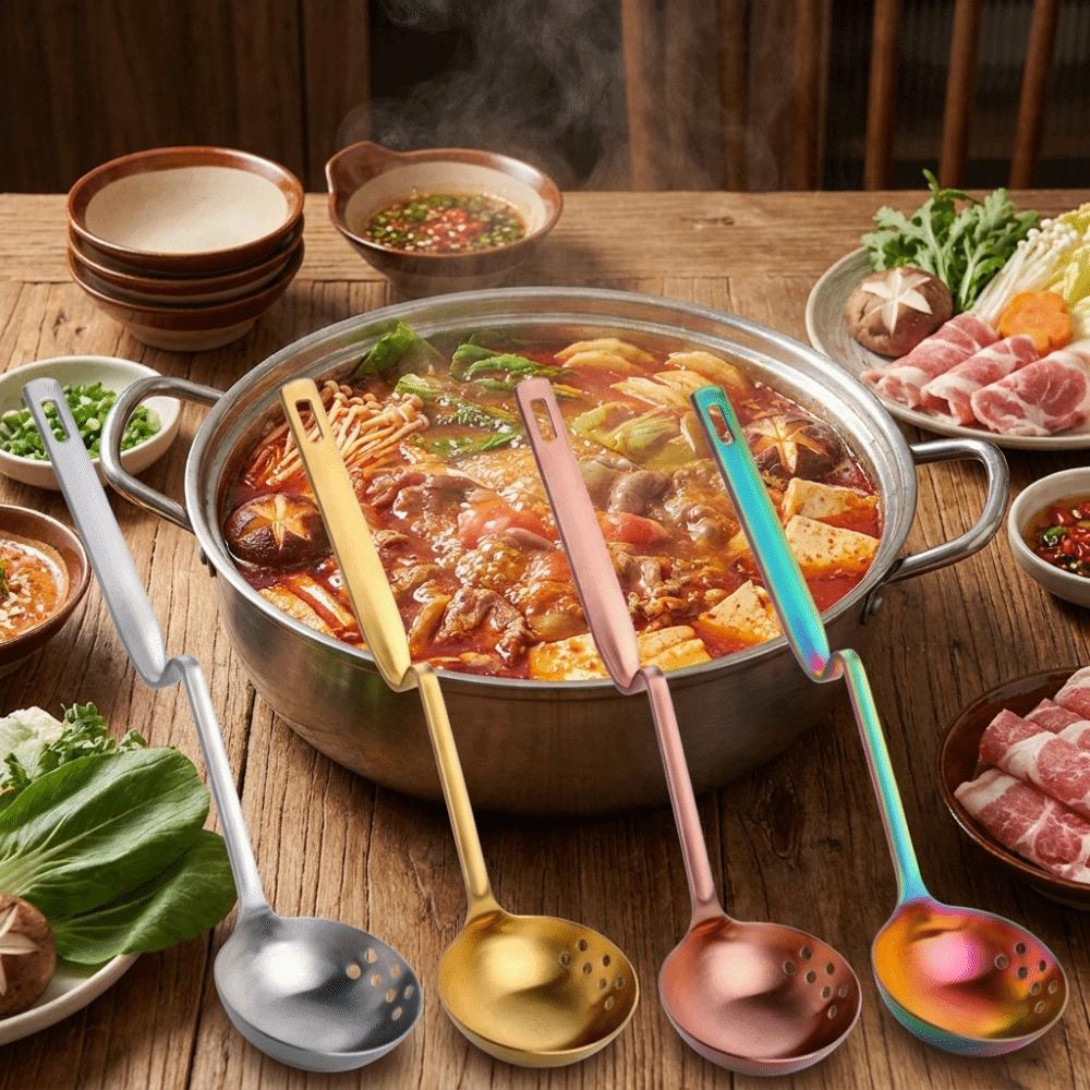 Anti Scalding Stainless Steel Soup Spoon Long Handle Oil Filter Skimmer Spoon Cooking Essential