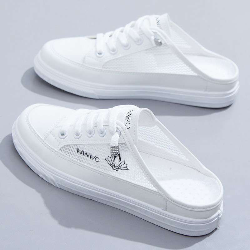 Half slippers women's 2025 summer new versatile thin breathable mesh shoes sandals outer wear bag head white single shoes