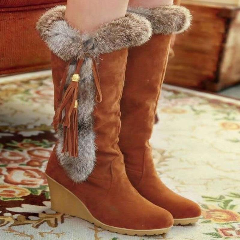 Bont Hoge Laarzen Dames Wedges Designer Warme Schoenen voor Vrouw Mode Suède Sneeuwlaarzen Winter Casual Comfort Mujer Botas 36 gray