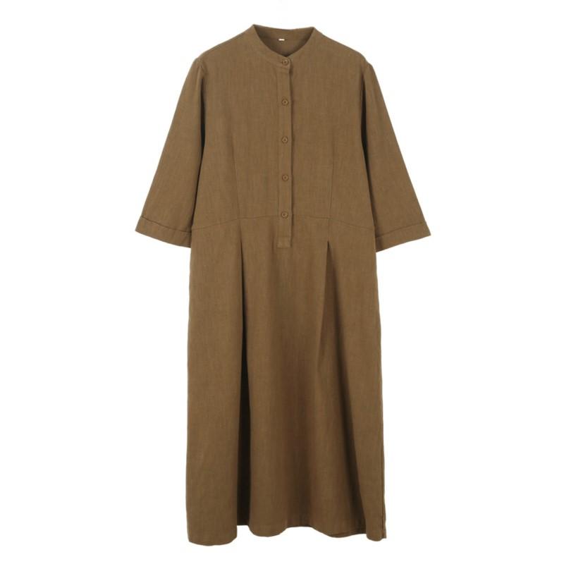 Johnature Women Vintage Spring Seven Sleeve Stand Button A-Line Pockets Women Dresses