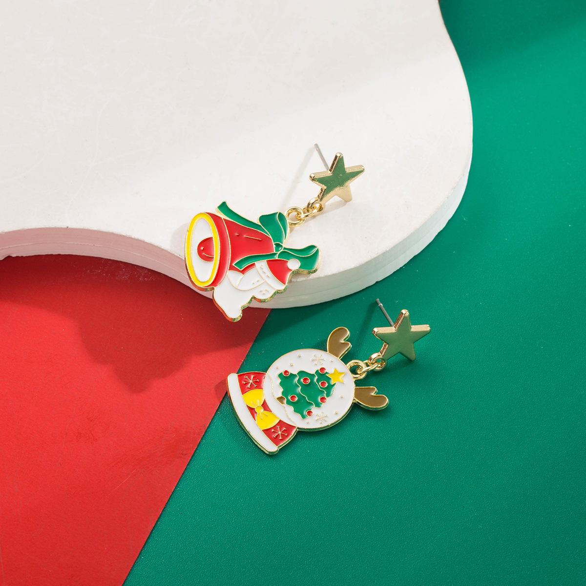 

Christmas Holiday Personalized Earrings Simple Reindeer Snowman Christmas Tree Asymmetric Stud Alloy Oil Drop Earrings Bell Elk