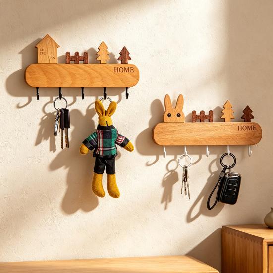 Natural Wood Key Organizer Wooden Holder with 5 Hooks, Cartoon House Theme Organizer, Multi No Drill Hanger Purpose Hanging Rack for Keys Pet Leashes