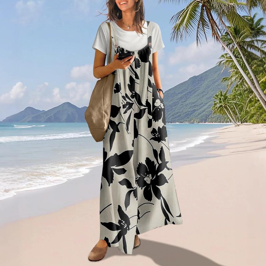 Casual Wide Leg Jumpsuits For Women Boho Floral Pleated Overalls Rompers Summer Outfits With Pockets
