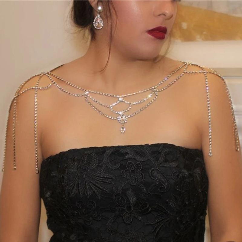 Stylish Alloy Rhinestones Shoulder Necklace Sturdy Fringe Design Perfect For Casual Evening Outfits