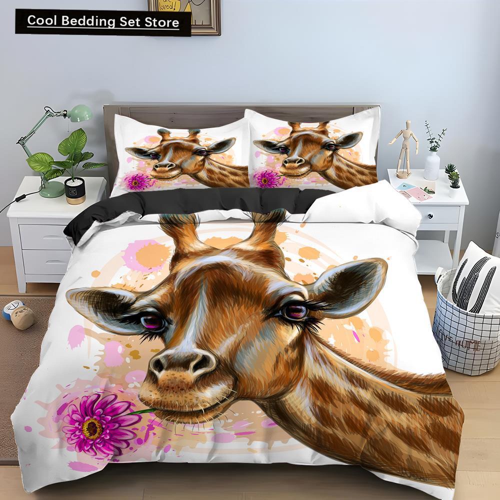 Cartoon Giraffe King Queen Duvet Cover Kids Girls Boys Animal Bedding Set Wildlife Quilt Cover 2/3pcs Polyester Comforter Cover