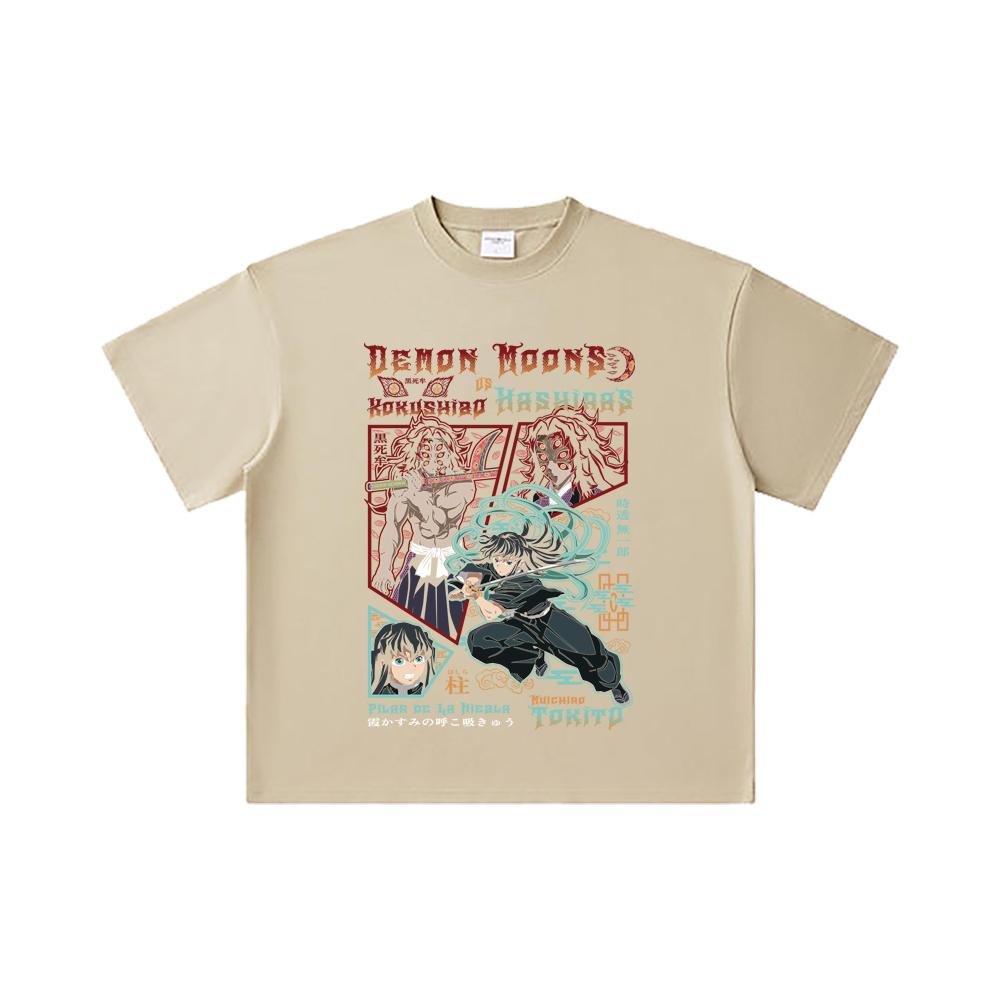260 GSM Double Yarn 32 Count 100% Cotton Demon Slayer V93 Kokushibo x Tokito Print Unisex Heavy Cotton T Shirt