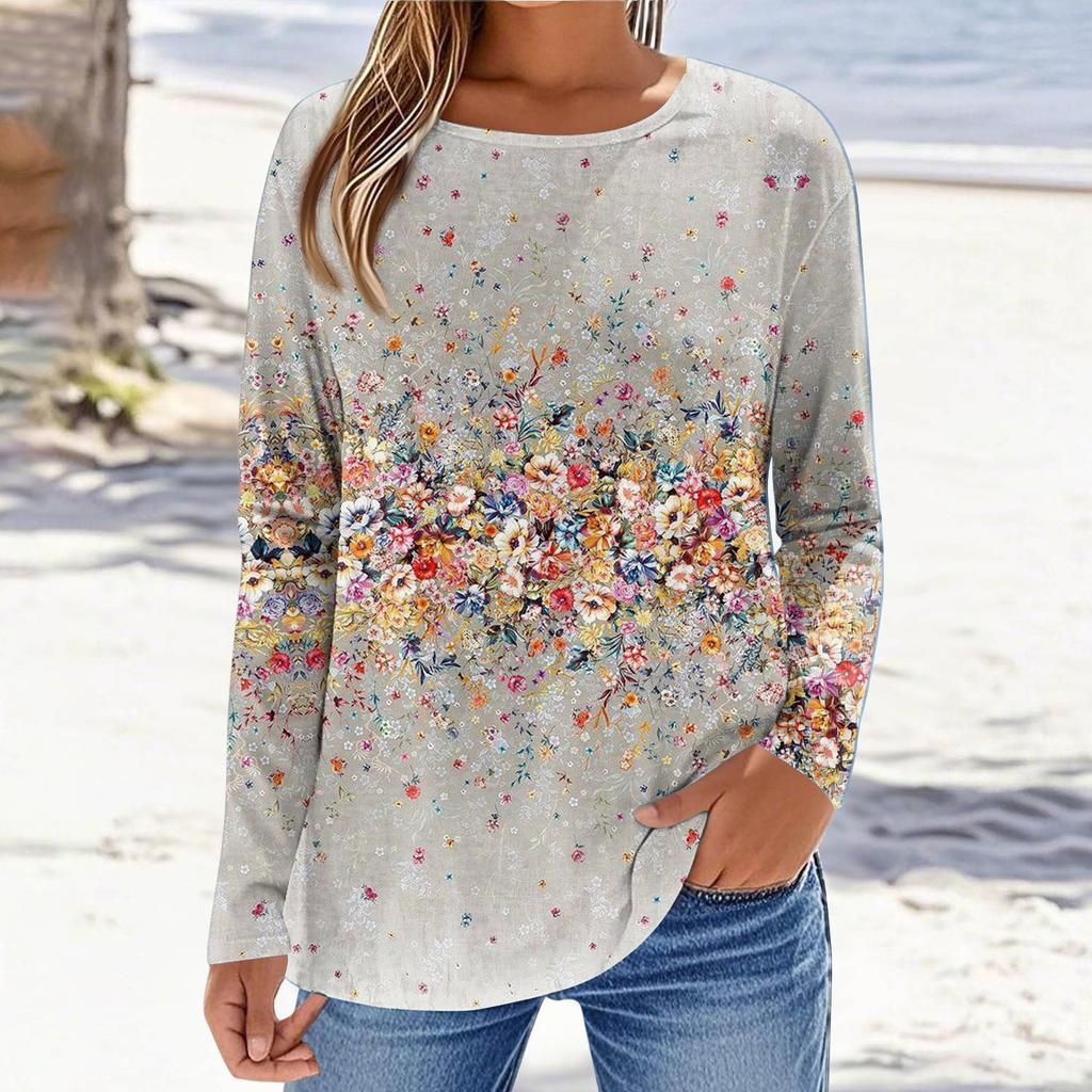 Damen Modisches Lässiges Bedrucktes Langarm Rundhals Oberteil Rundhals Oberteil Top