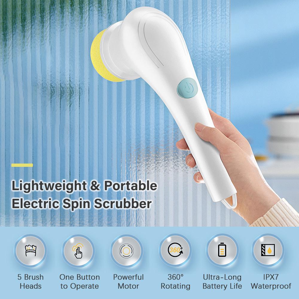 Electric Spin Scrubber Multifunctional Cleaning Brush with 5 Heads Cordless Handheld for Kitchen