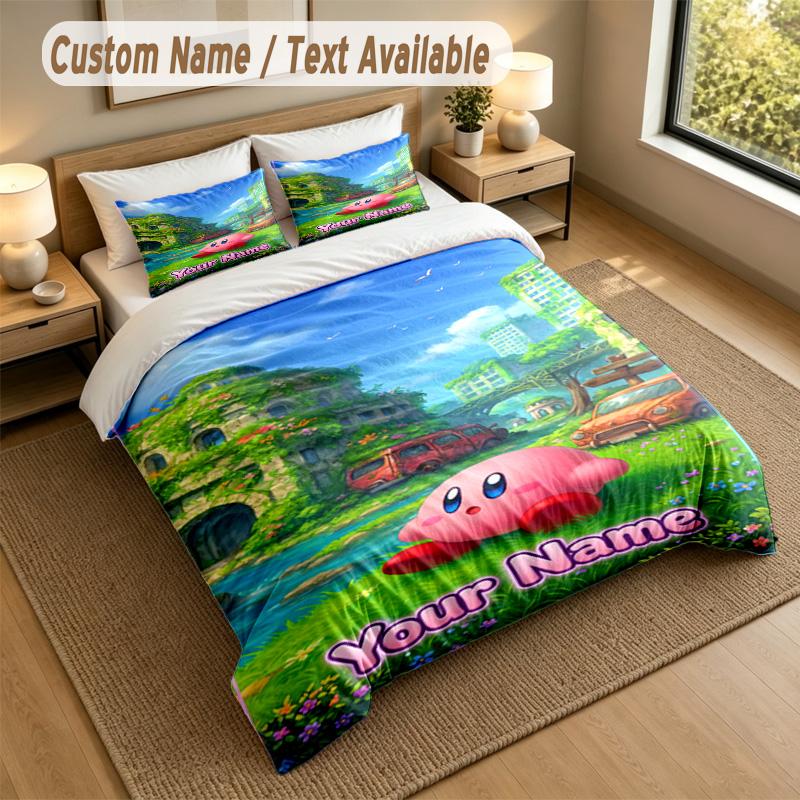 Benutzerdefiniertes Namens-Text-Bettwäsche-Set, 3 Teile, Kirby 1 Bettbezug 2 Kissenbezüge Weiche Bettwäsche für Geschenk