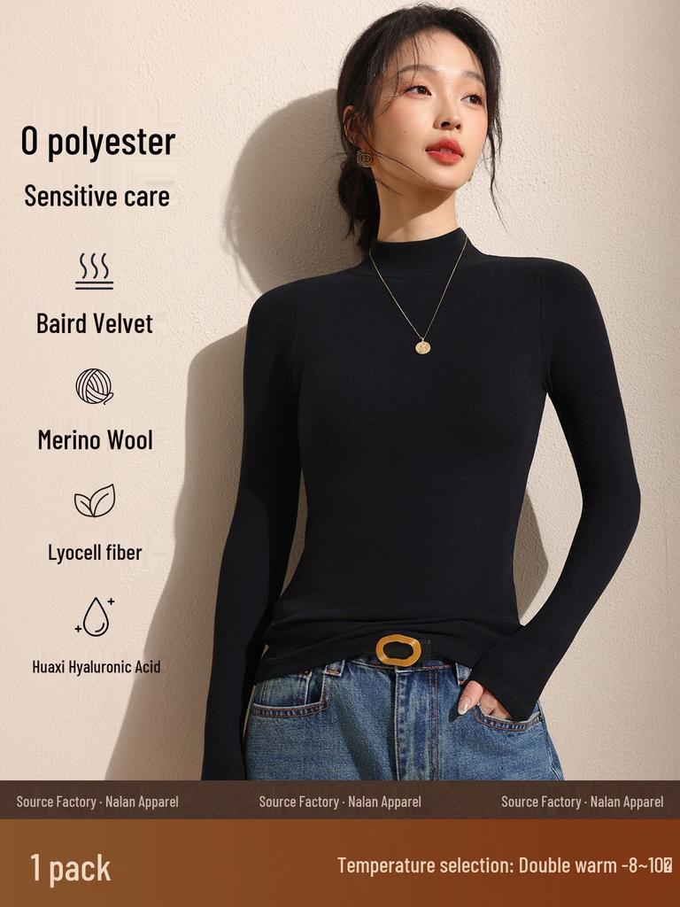 Women's Black Fleece-Lined Half-High Neck Base Layer Knit Top - Thickened Long Sleeve for Autumn/Winter 2026