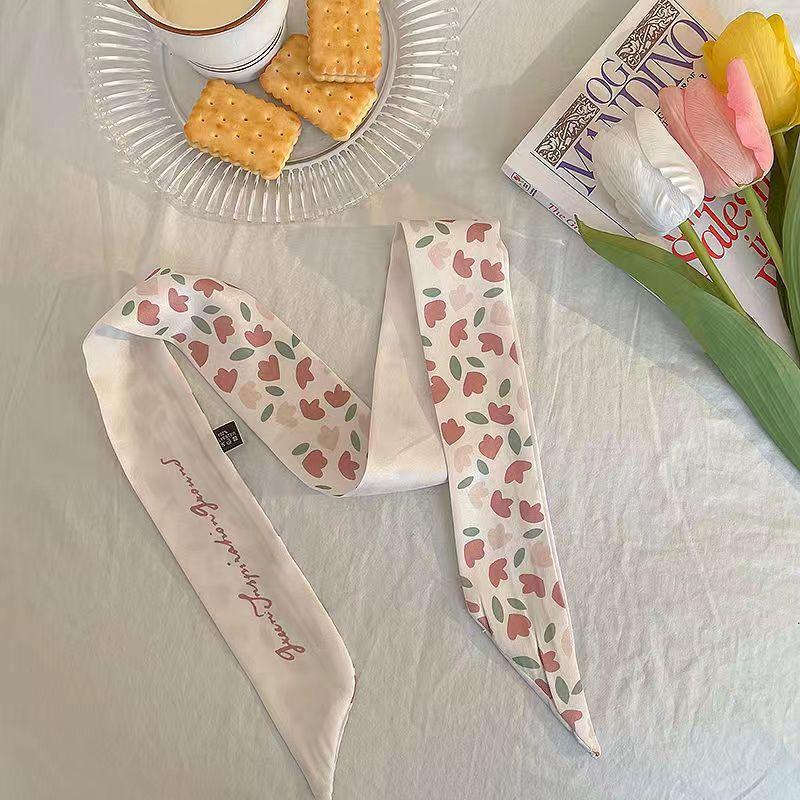 Small White And Tender Green Silk Scarf For Women, Thin Streamer, Headband, Hair Tie, Bag Decoration Long