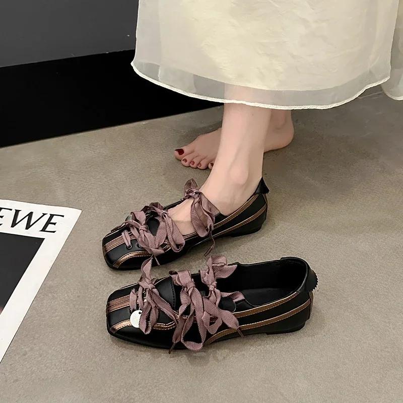 Fashion Women Ballet Flats Strappy Shoes Ballerina Splicing Pumps Bowknot Square Closed Toe Sandals Comfortable Low Heel Casual Sandals