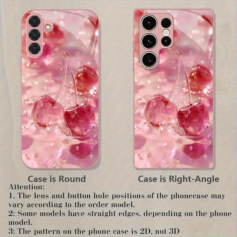 Pink cherry patterned glass phone case suitable for Samsung Galaxy S26 S25 S24 S23 S22 S20 FE/Ultra/Plus shockproof back cover