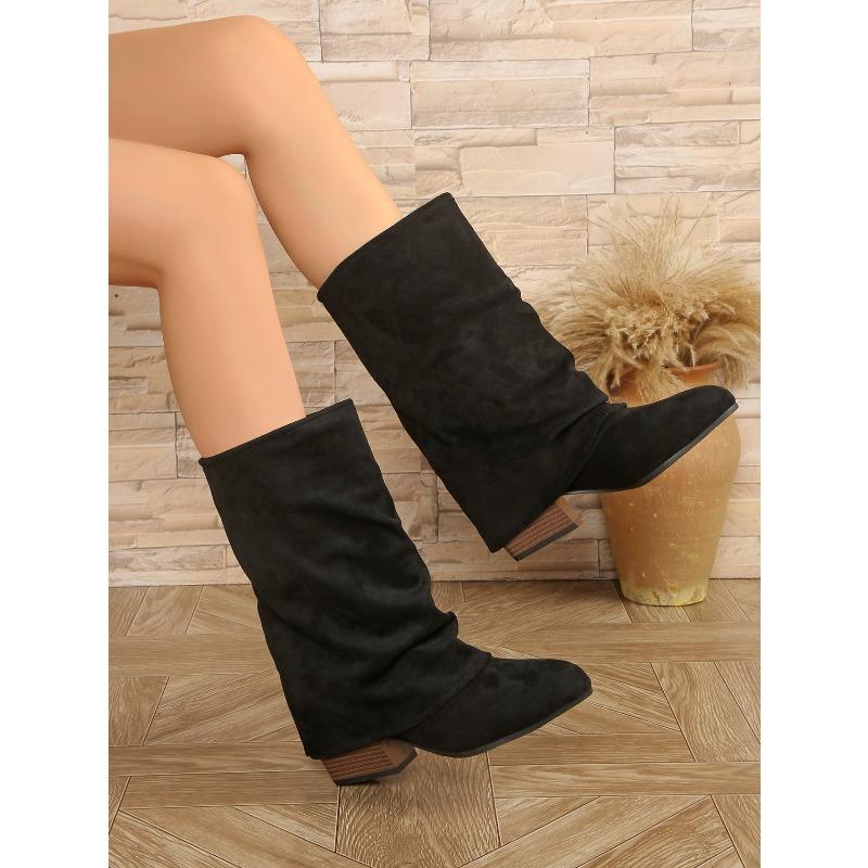 2025 New Trouser Boots Women's Winter Plus Size Coarse Heel Sleeve Pleated Stacked Boots
