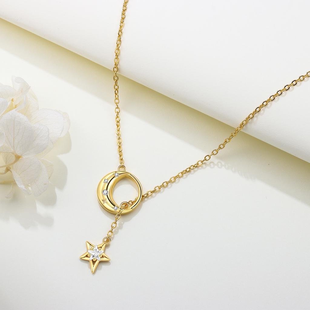 S925 Silver Fashion Star Moon Double Chain Drop Pendant Moon Octagram Zircon Fringe Necklace