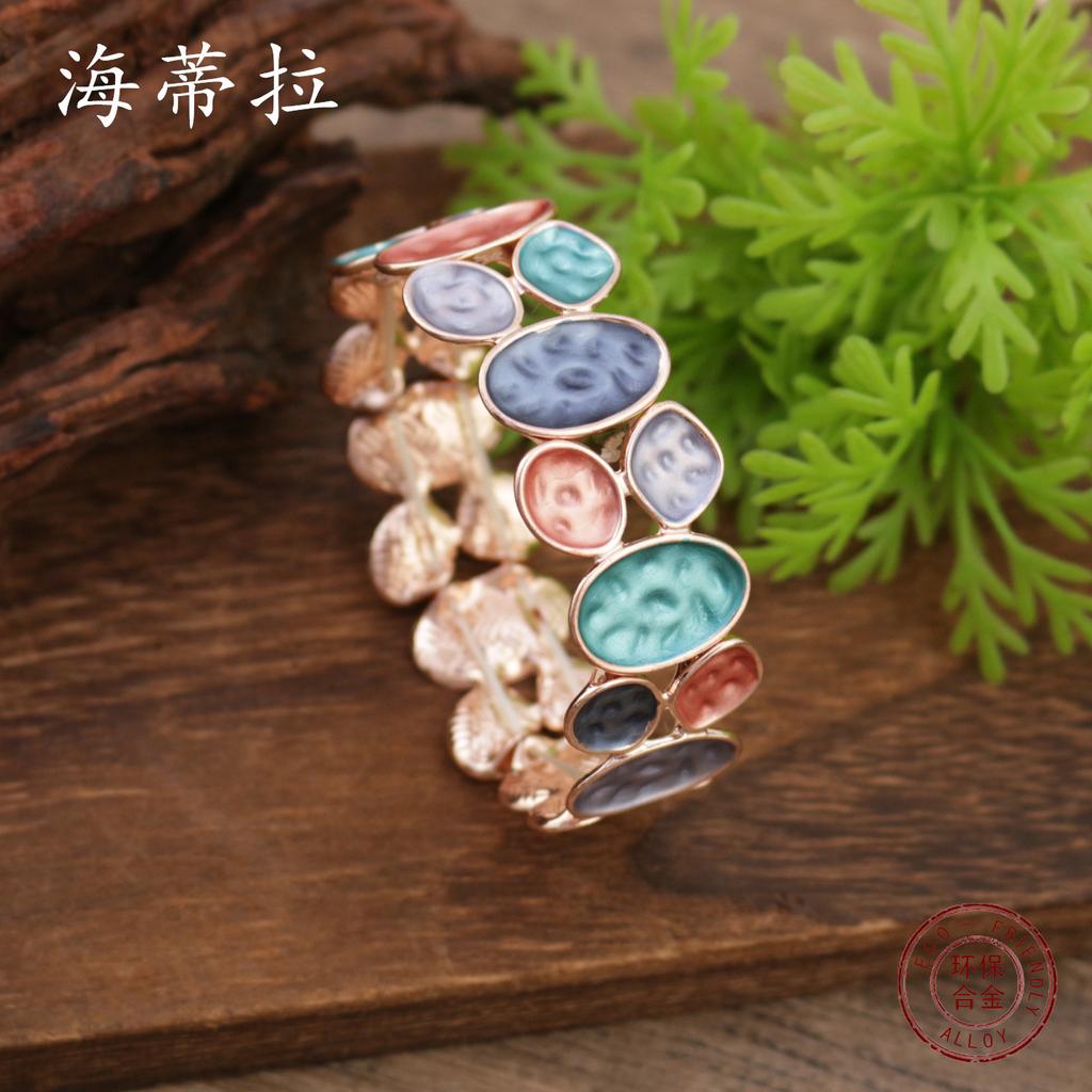Color painting oil geometric oval elastic bracelet, fashionable and high-end women's versatile alloy bracelet
