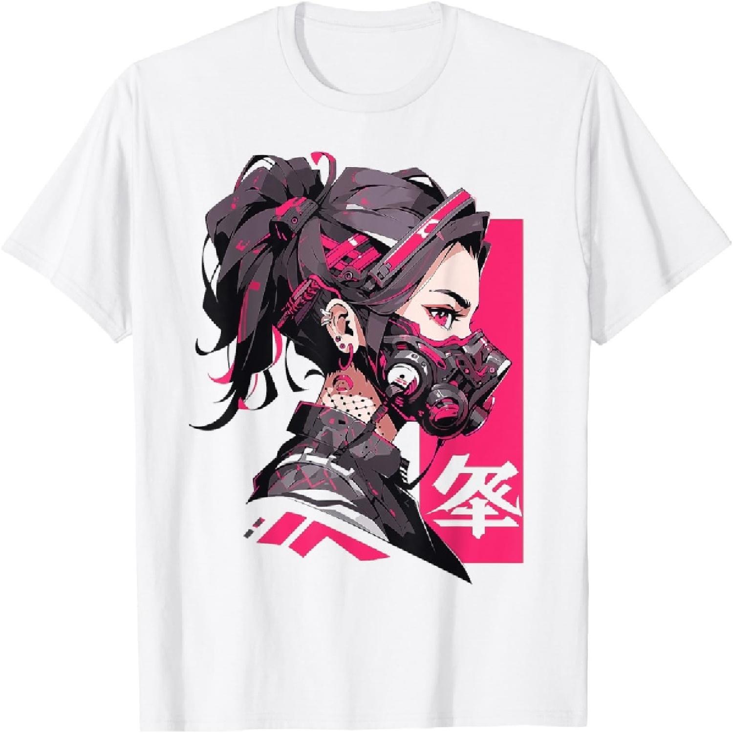 Аниме Манга Маска Девушка Киберпанк Эстетика Техническая Одежда Харадзюку Футболка XXXXXL белый
