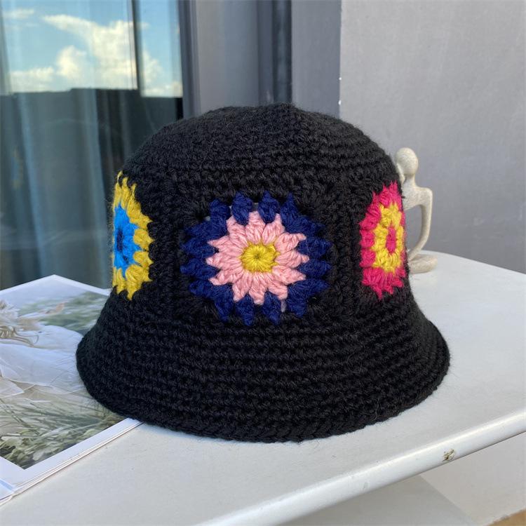 Handmade Knitted Flower Wool Hat Women's Autumn and Winter Bucket Hat Versatile Ethnic Style Warm Basin Hat Lady Foreign Style