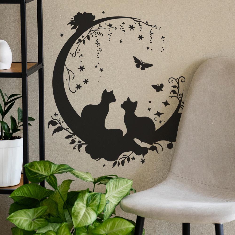 Creative Couple Cats Silhouette Wall Stickers, Romantic Home Decor for Bedroom, Living Room and Hallway, Love Themed Wall Art