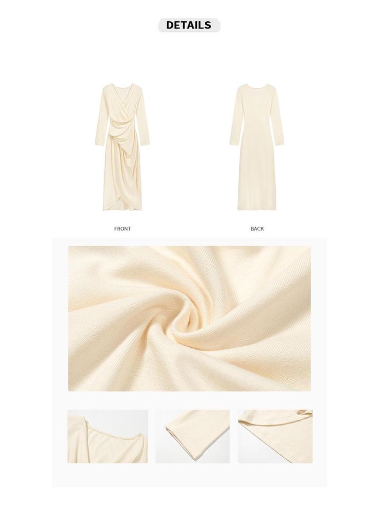 2026 Autumn/Winter Elegant V-Neck Long Sleeve Pleated Waist Split Skirt Dress for Women