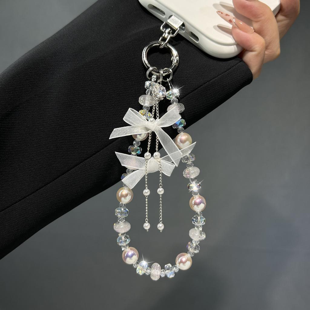 Fashion Bow Pearl Fringed Mobile Phone Lanyard, Light Luxury Crystal Beaded Short Wrist Phone Chain Hand Chain Pendant