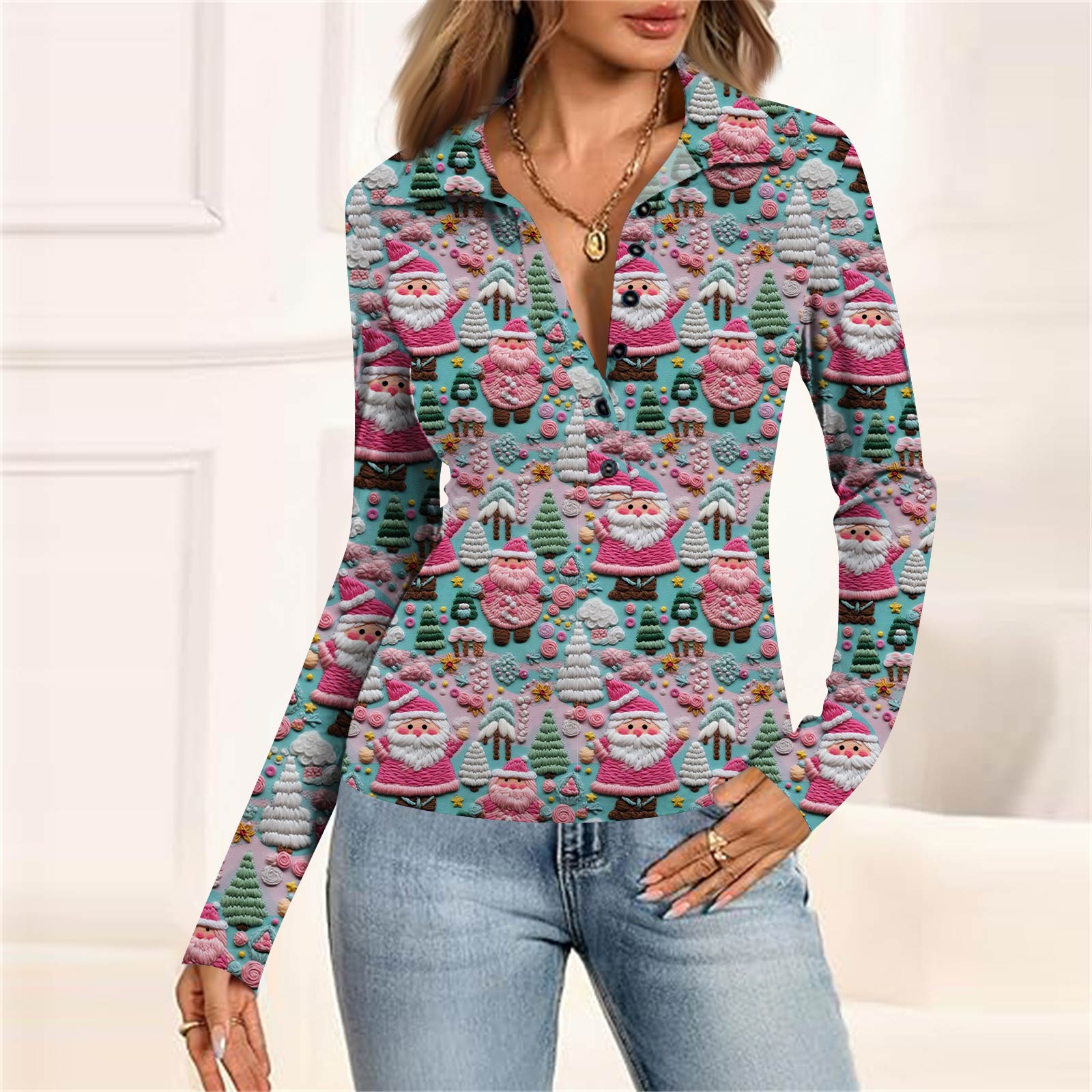 

Женская мода Повседневный принт V-образный вырез Длинный рукав Застегивающаяся на пуговицы блузка XL синий