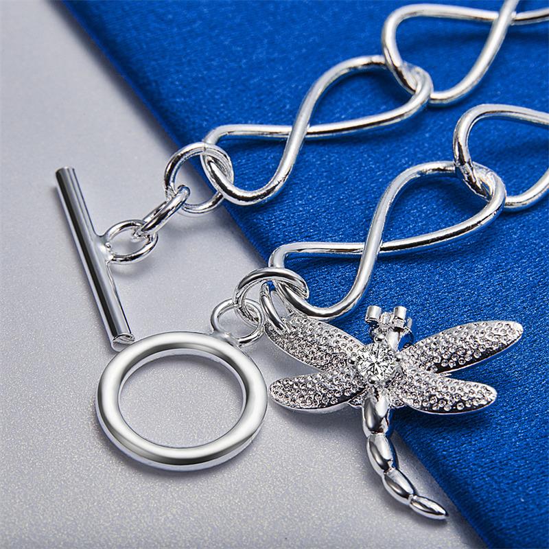 925 Sterling Silver 8-inch Exquisite Dragonfly Bracelet, Fashionable Women's Party Wedding Accessories Jewelry