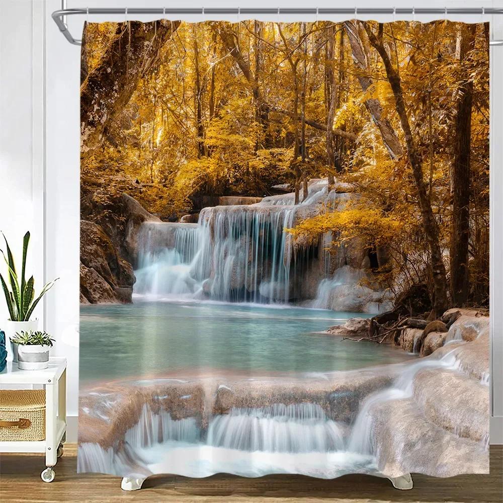 Autumn Waterfall Landscape Shower Curtains Forest Maple Red Leaves Plant Wild Tiger Fall Nature Scenery Cloth Bathroom Decor Set
