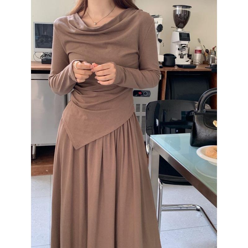 Women's Autumn Two-Piece Set: Irregular Off-Shoulder Long-Sleeve Top & High-Waisted Midi Skirt