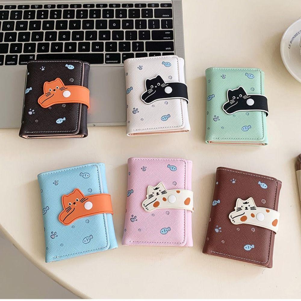 Card Pouch Portable Cat Printed Wallet PU Leather Cute Short Leather Purse Fashion Multiple Card Cat Patterned Card Bag Student