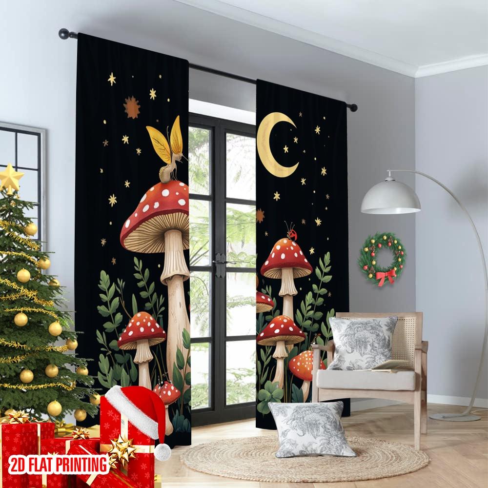 Set Of 2 Flat Printing Drapes Magical Mushroom Night Sky Digital Printed Polyester Family Party Use Home Wall Yard Curtain Made