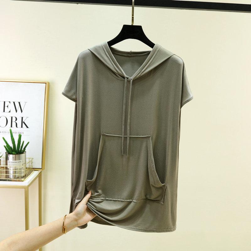 Taglie comode dalla L alla 6XL T-shirt con cappuccio in modal da donna estiva con tasca Magliette casual a maniche corte Fashion Tee Top camicia basic da abbinare a tutto