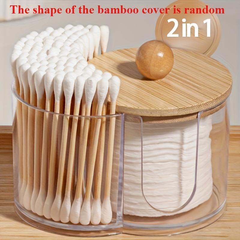 

1pc Transparent Swab & Makeup Pad Organizer with Wooden Lid - Dual Compartment Bathroom Storage for Buds, Pads & Beauty