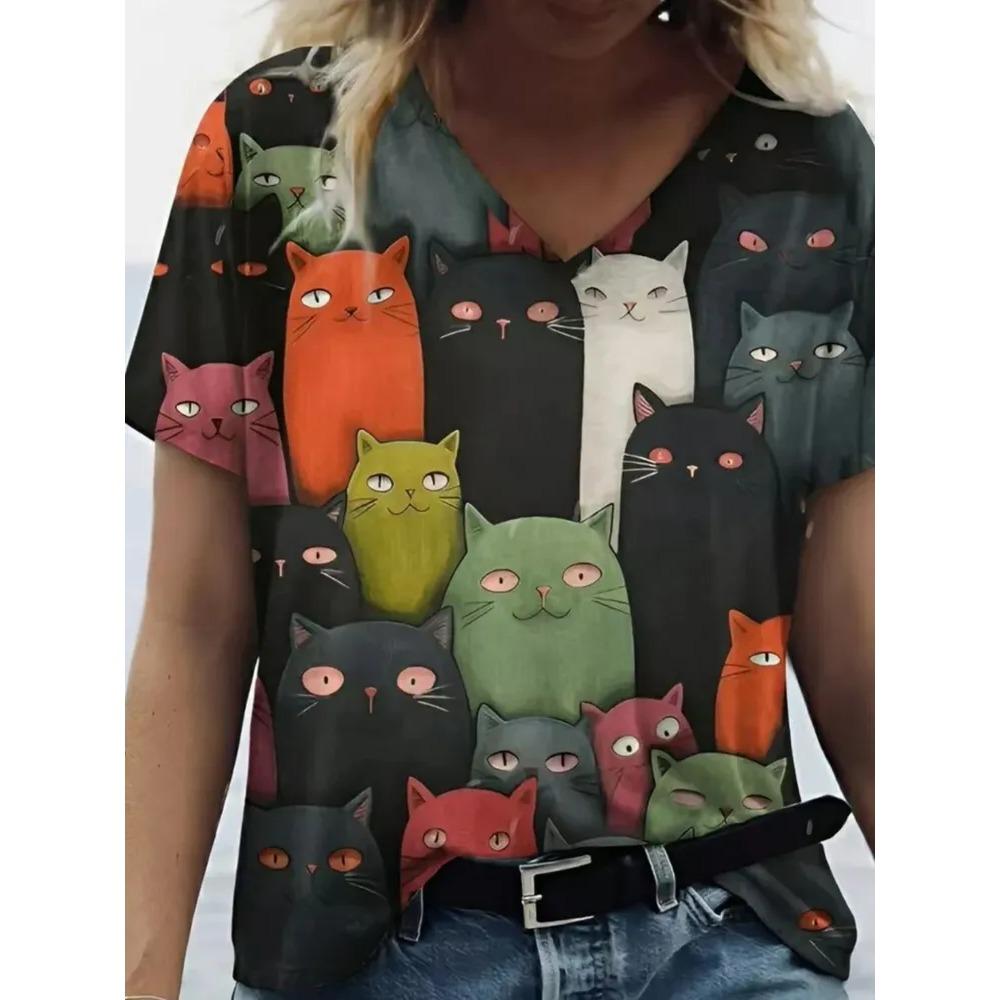 Summer V-neck Funny Cat Pattern 3D Printed Top Fashionable Casual Short Sleeved Women's T-shirts