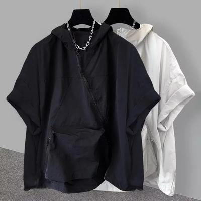 Zipper Design Hooded Short-sleeved T-shirt Summer Large Size Tooling Loose Jacket Jacket