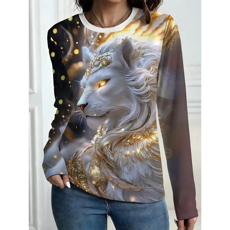 Modisches Damen Rundhals Langarm 3D Lässiges Farbdruck Lässiges Langarm Rundhals T-Shirt