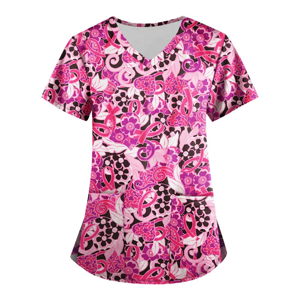 Women's Fashion V-neck Short Sleeve Workwear With Pockets Printed Tops