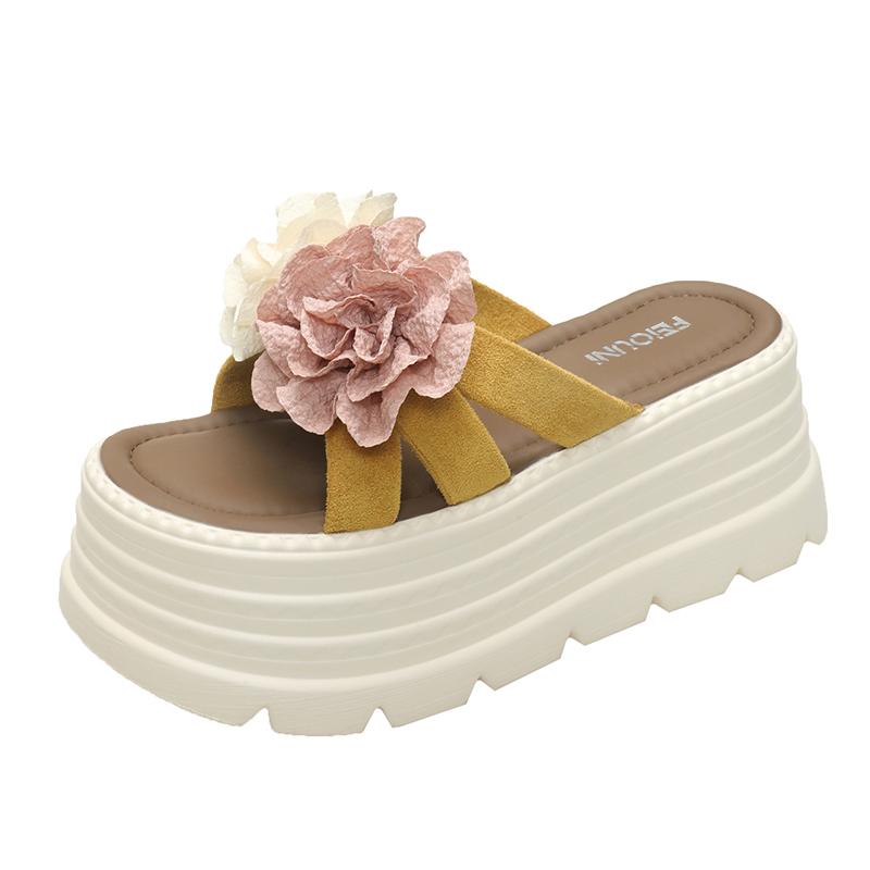 Fashion 7.5CM High Heels Slippers Women 2025 Summer New Thick-Soled Ladies High Platform Flower Beach Sandals Flip Flops Shoes